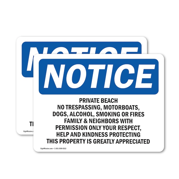 Signmission Private Beach No Trespassing Motorboats OSHA Notice Sign, Vinyl Decal, 10in W x 7in L, 2PK OS-2PACK-NS-D-710-L-17805 - main